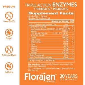 Florajen Digestive Enzymes with Probiotics and Prebiotics- Digestive Health, Gut Relief & Bloating - 30Ct
