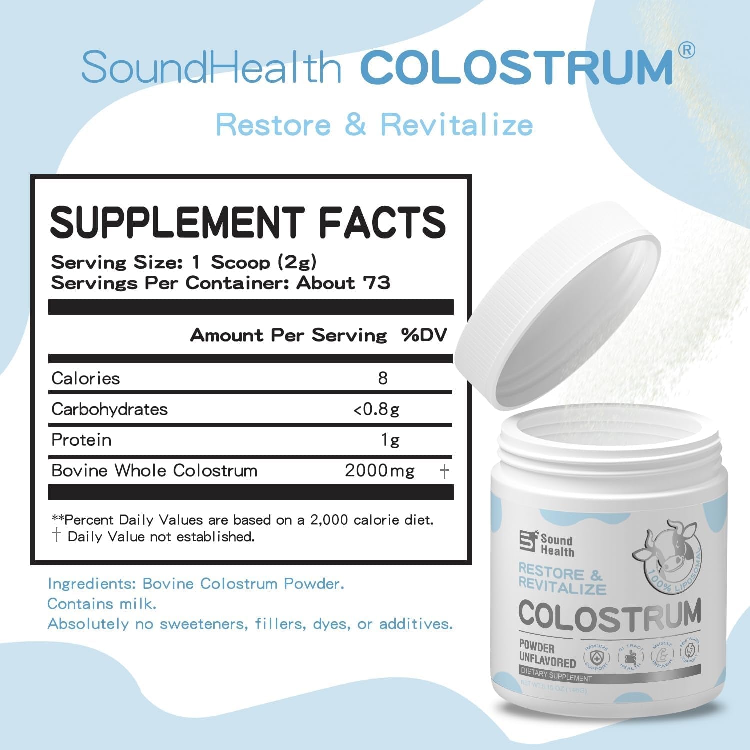 Colostrum Supplement Powder for Humans - Gut Health, Hair Growth, Beauty, and Immune Support (73 Servings)