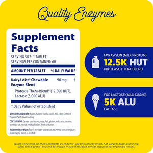 Enzymedica, Dairyassist Chewable, Enzyme Support for Digestive Relief from Lactose Intolerance, 60 Chewable Tablets