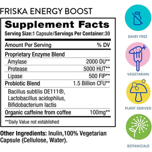 FRISKA Energy Boost Enzyme and Probiotics Supplement, Promotes Better Digestion and Energy 30 Capsules