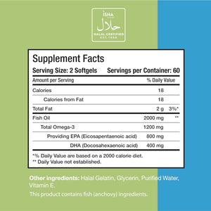 Noor Vitamins Halal Fish Oil, Ultra Omega 3 Wild Peruvian Fish Oil (800 Mg EPA & 400 Mg DHA) (120 Count)