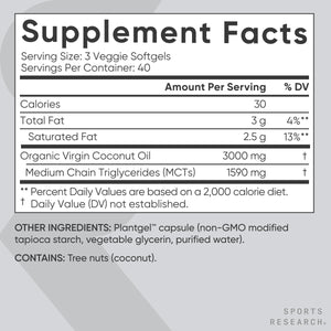 Sports Research® Organic Coconut Oil Capsules 3000MG - Cold Pressed Extra Virgin Coconut Oil 120 Softgels