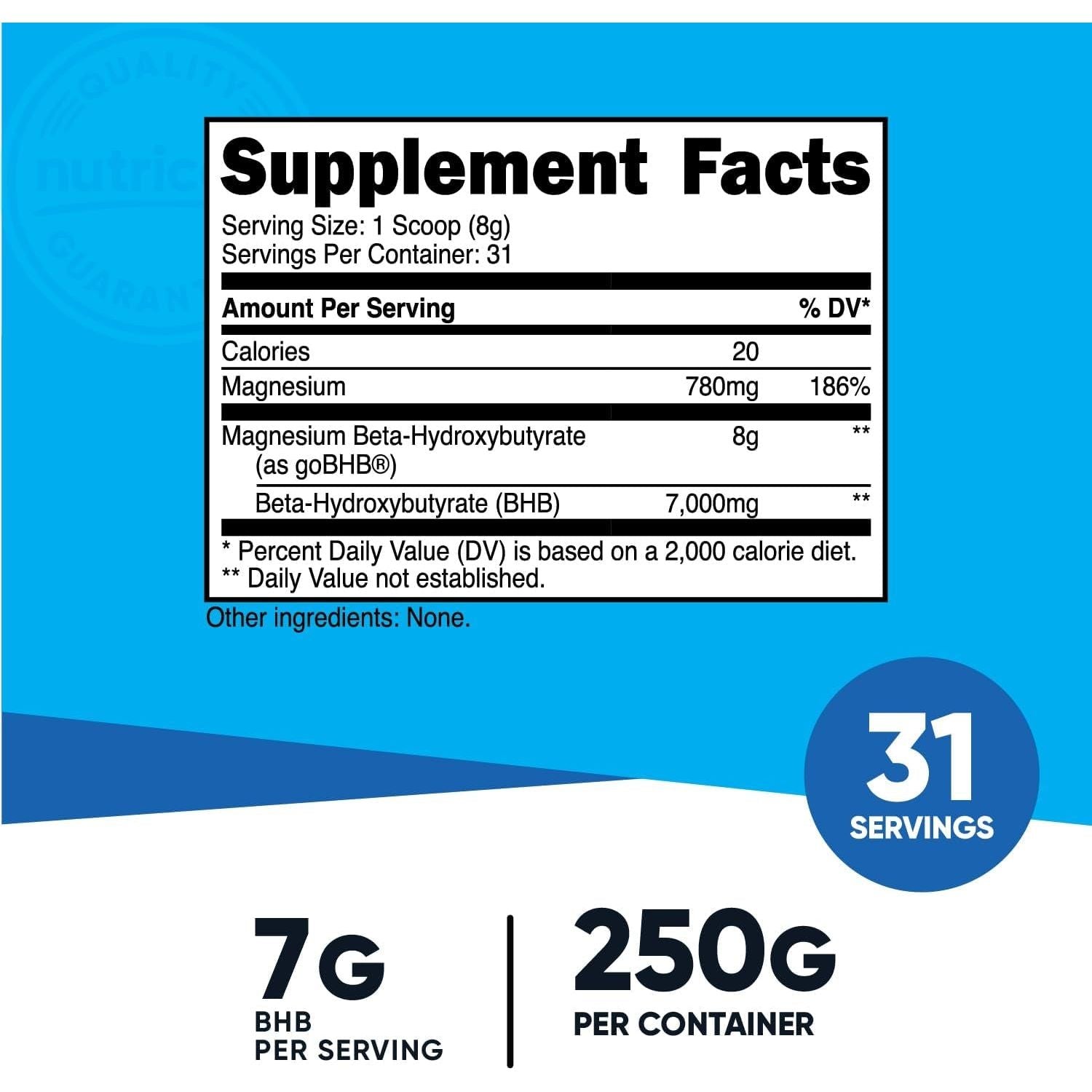 Nutricost Magnesium BHB Salts (250 Grams, Unflavored) - 6.5G Beta-Hydroxybutyrate per Serving