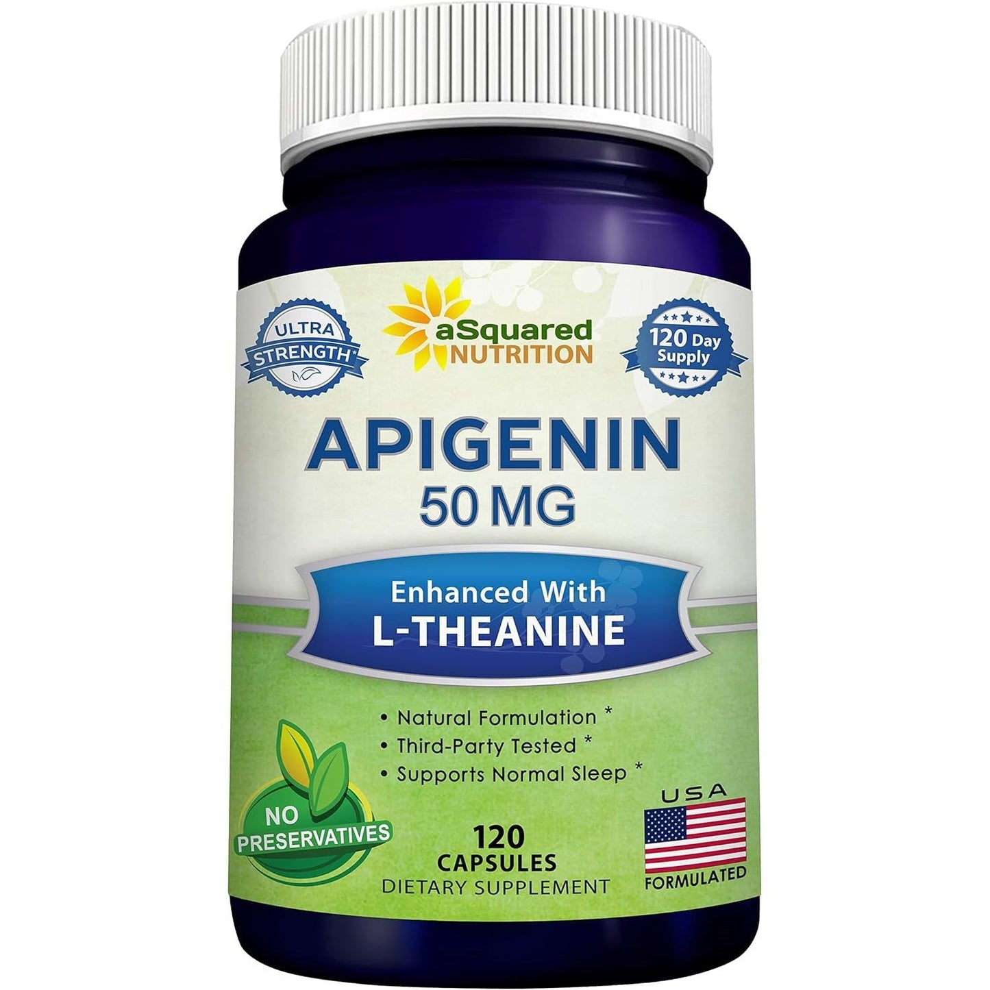 Asquared Nutrition Apigenin 50Mg & L-Theanine 200Mg - 120 Capsules