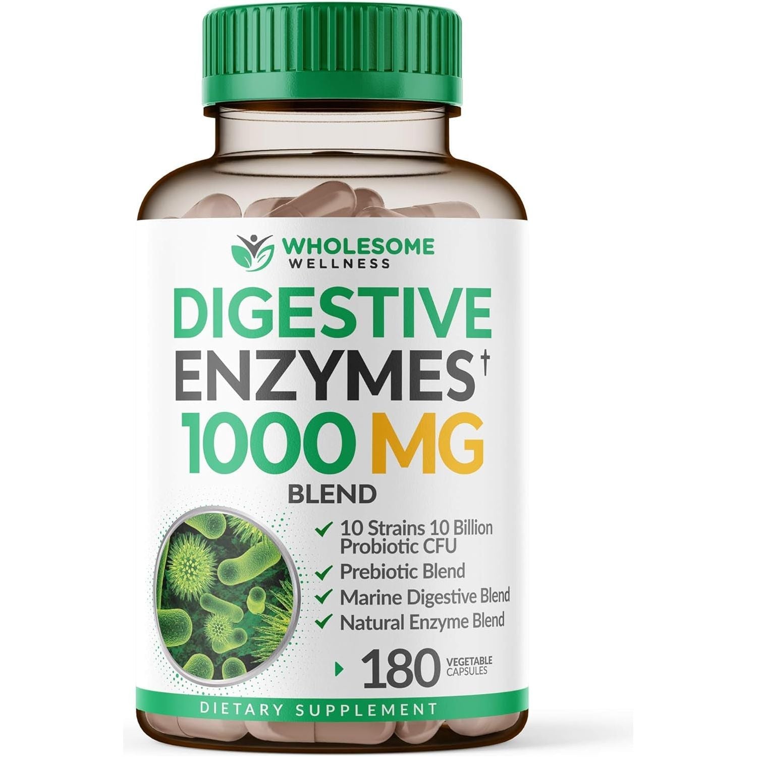 Wholesome Wellness Digestive Enzymes 1000MG plus Prebiotics & Probiotics Supplement, 180 Capsules