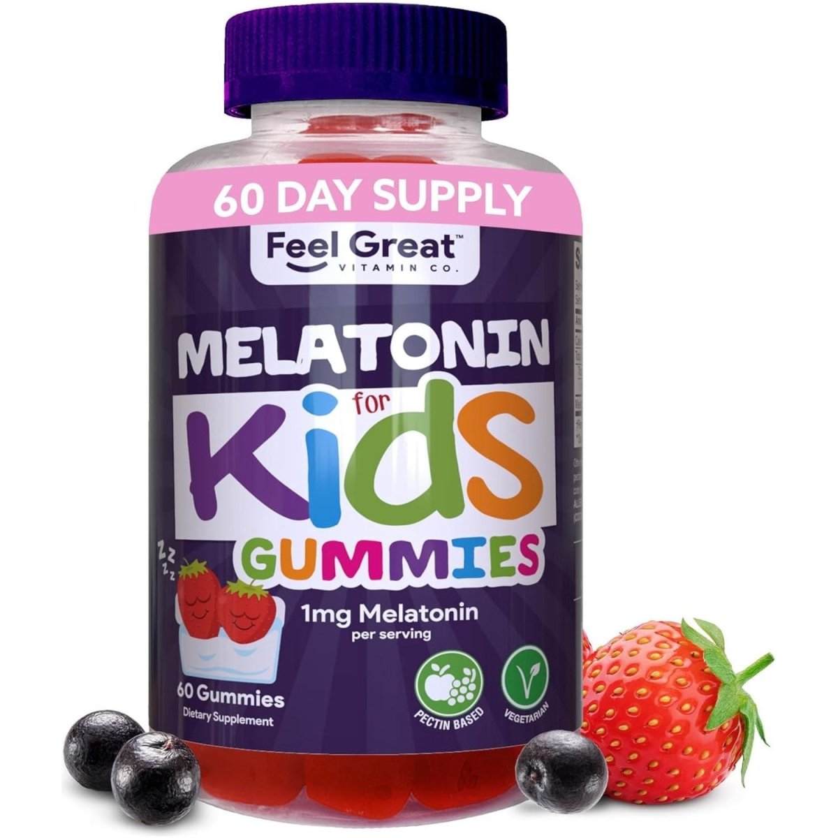 Feel Great Kids Melatonin Gummy Sleep Aid | Strawberry Flavored - 60 Day Supply - Suppviv