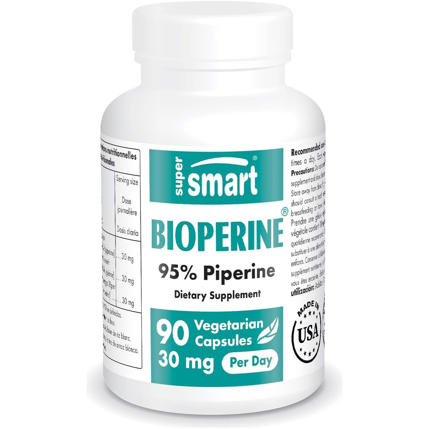 Supersmart - Bioperine 30Mg per Day (95% Piperine) - Digestive Enzymes Support - 90 Vegetarian Capsules