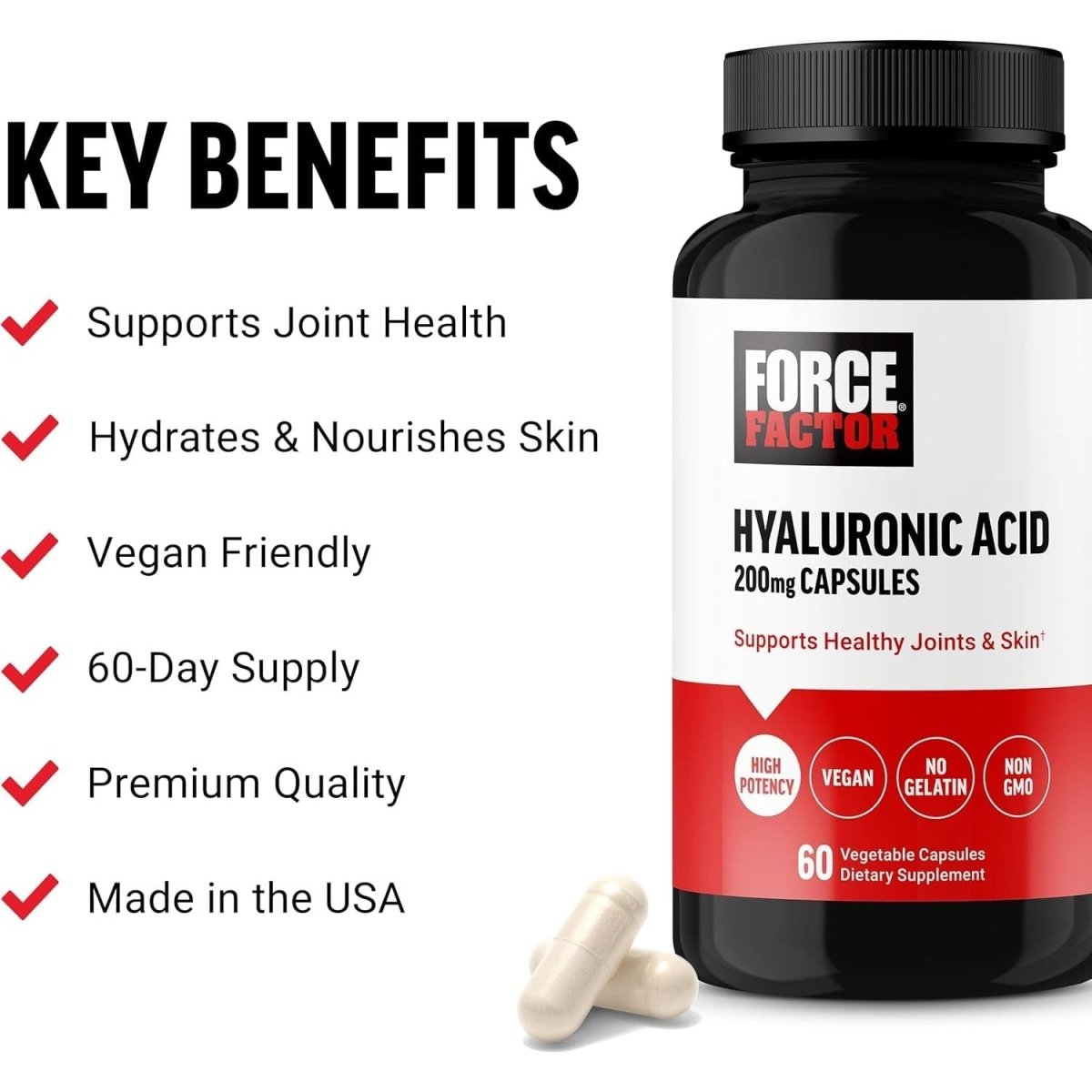 FORCE FACTOR Hyaluronic Acid Supplements, Hyaluronic Acid Capsules 60 Capsules - Suppviv