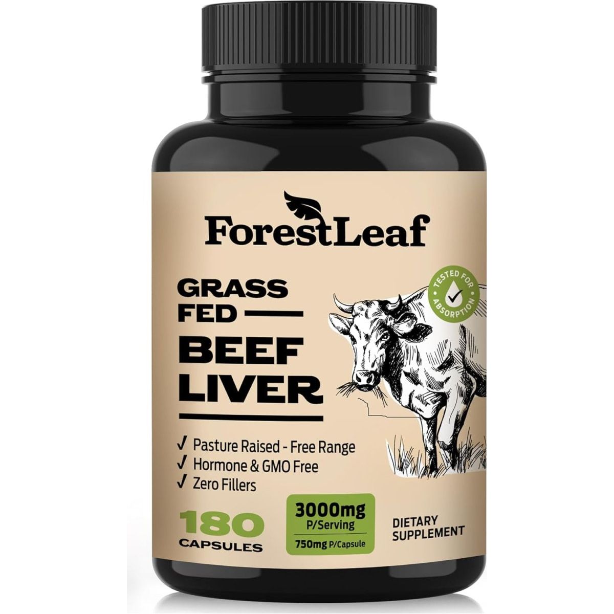 Forestleaf Grass Fed Beef Liver Supplement 3000Mg 180 Capsules - Suppviv