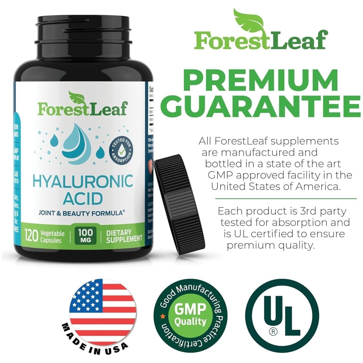 Forestleaf - Hyaluronic Acid Supplements - 120 Vegetable Capsules - Supports Skin Hydration, Joints, Bones & Hair - Suppviv