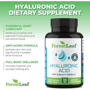 Forestleaf - Hyaluronic Acid Supplements - 120 Vegetable Capsules - Supports Skin Hydration, Joints, Bones & Hair - Suppviv