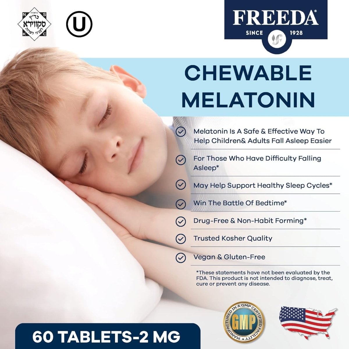 FREEDA Chewable Melatonin - Kosher 2Mg for Adults & Kids (60 Count) - Suppviv