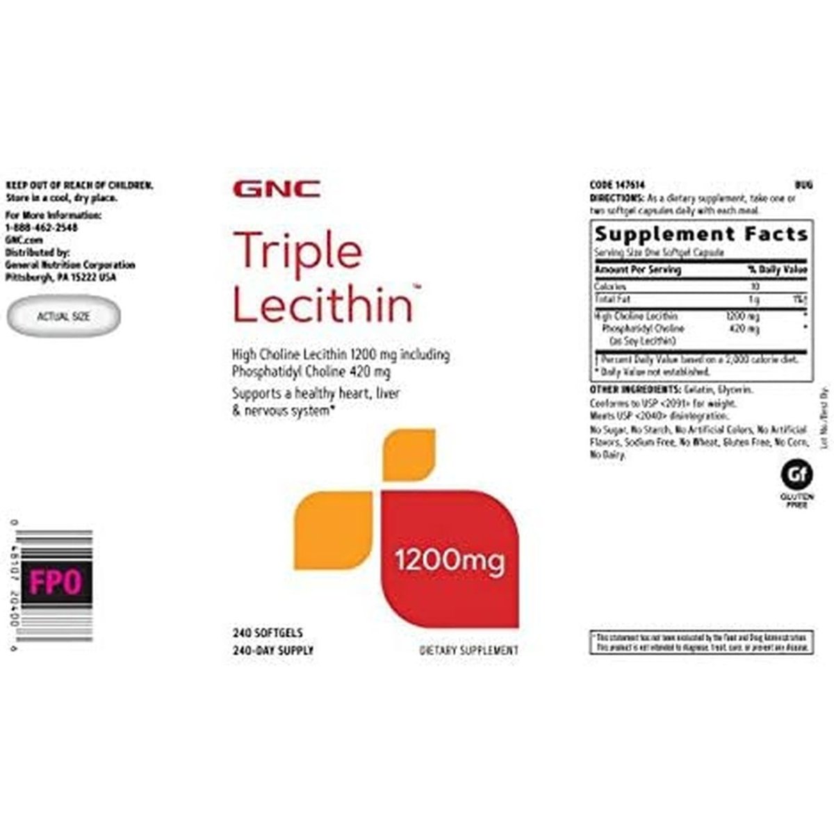 GNC Triple Lecithin 1200Mg Supplement, Supports a Healthy Heart, Liver and Nervous System, 240 Servings - Suppviv