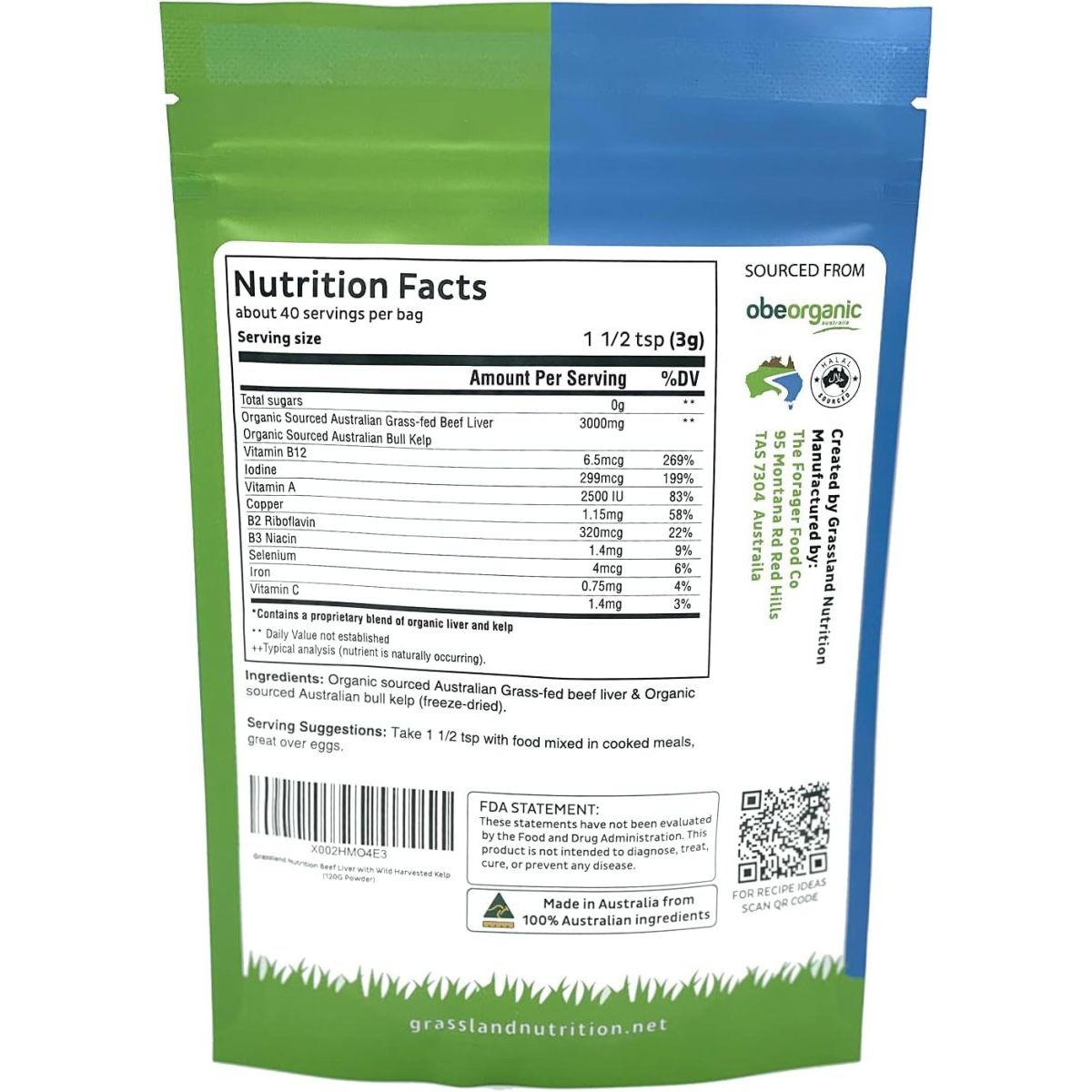 Grass Fed Beef Liver with Wild Harvested Kelp Energy Formula (120G Powder) - Suppviv