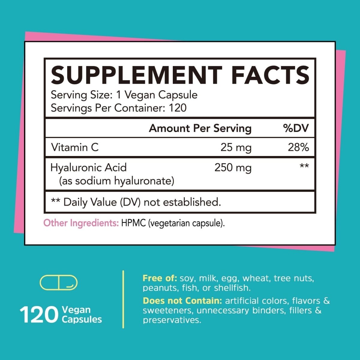 Gutcha Hyaluronic Acid, Ultra Strength with Vitamin C, Low Molecular Weight, Anti - Aging Formula 120 Caps - Suppviv