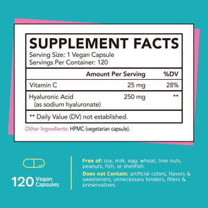 Gutcha Hyaluronic Acid, Ultra Strength with Vitamin C, Low Molecular Weight, Anti - Aging Formula 120 Caps - Suppviv