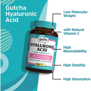 Gutcha Hyaluronic Acid, Ultra Strength with Vitamin C, Low Molecular Weight, Anti - Aging Formula 120 Caps - Suppviv