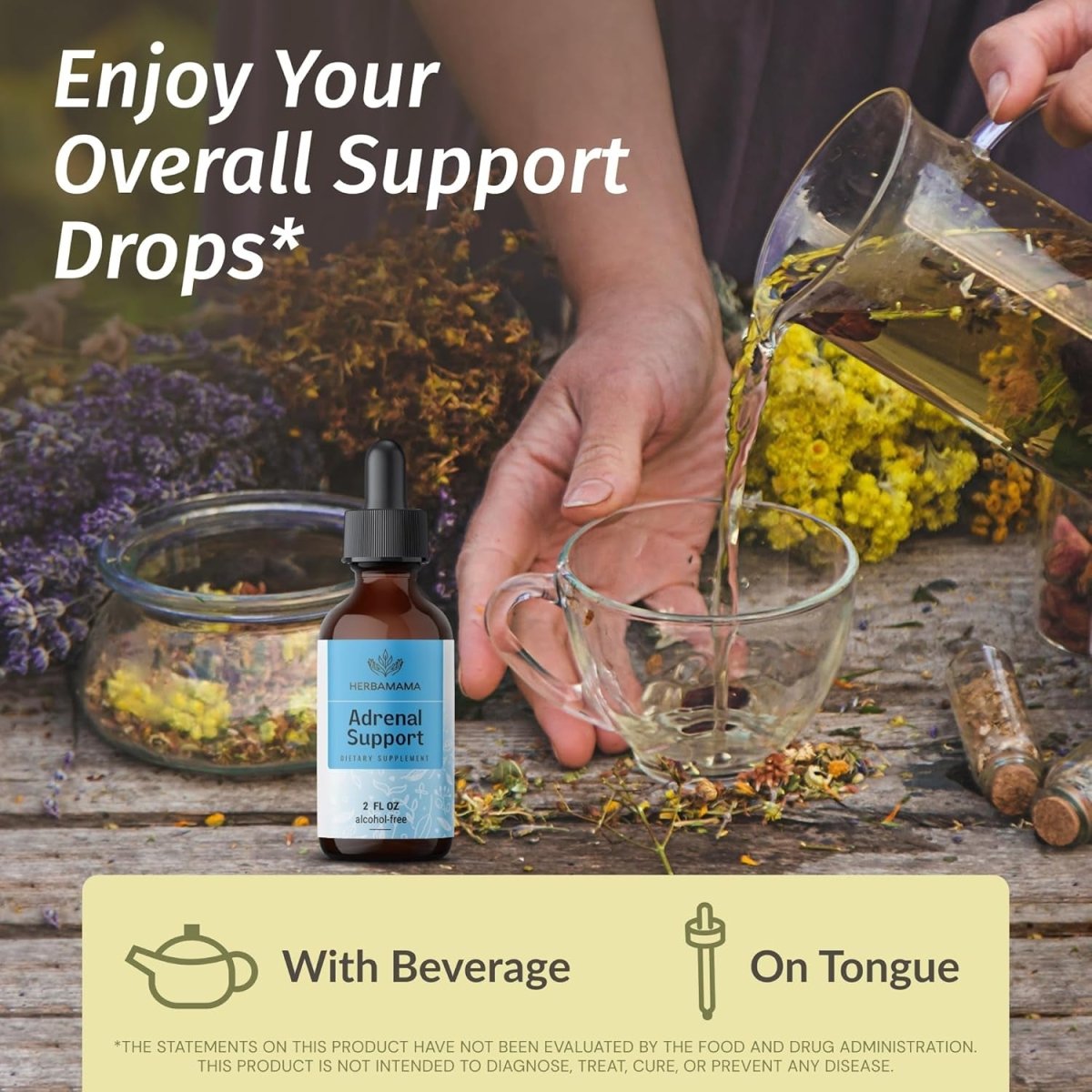 HERBAMAMA Adrenal Support Drops - Pure Ashwagandha and Rhodiola Rosea Adrenal Extracts for Vegan Energy Support - Suppviv