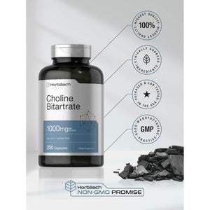 Horbaach Choline Bitartrate Supplement | 1000Mg | 250 Capsules | High Potency | - Suppviv