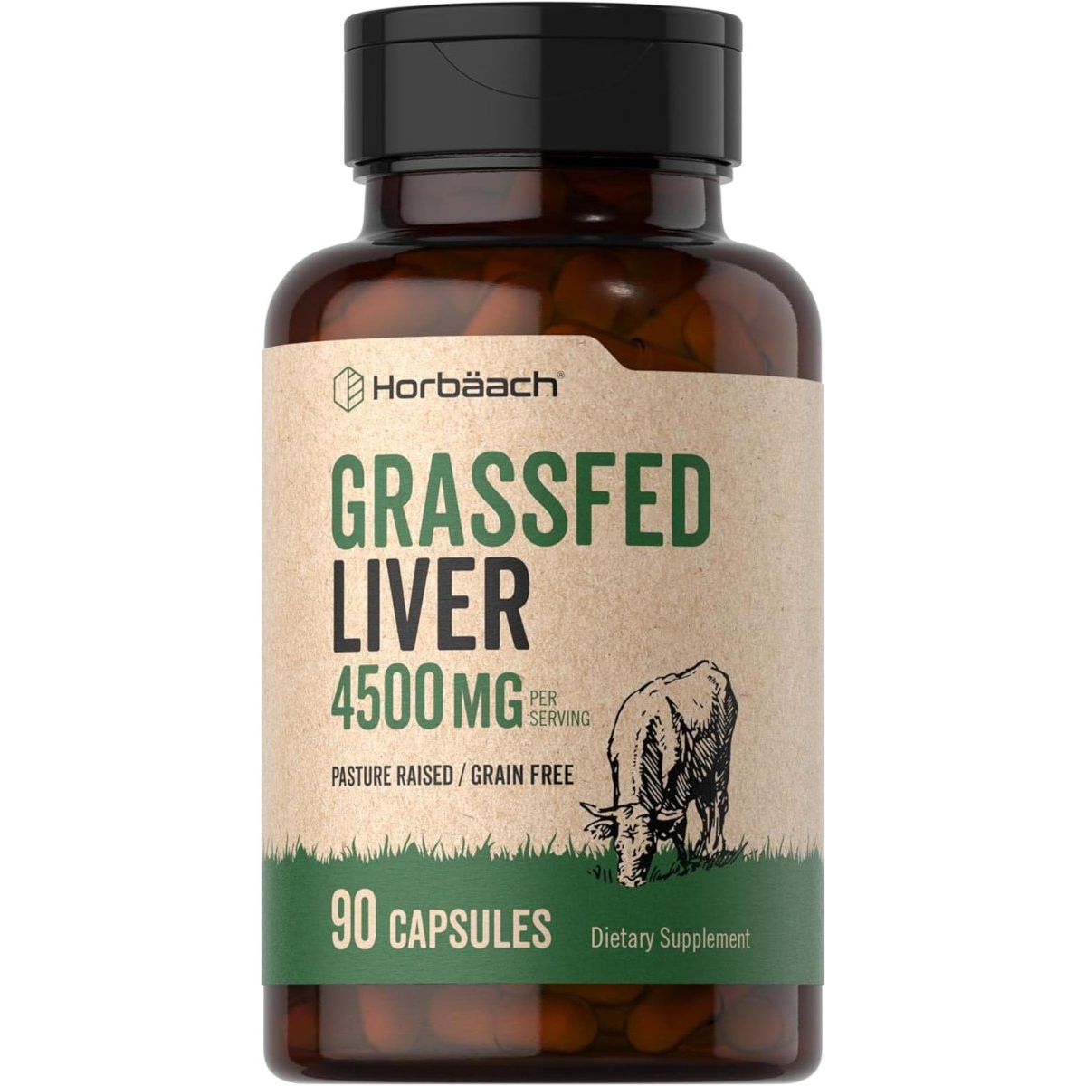 Horbäach Grass Fed Beef Liver Supplement 4500Mg 90 Capsules - Suppviv