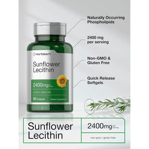 Horbäach Sunflower Lecithin Softgel Capsules | 2400Mg | 60 Pills | Naturally Occurring Phospholipids - Suppviv