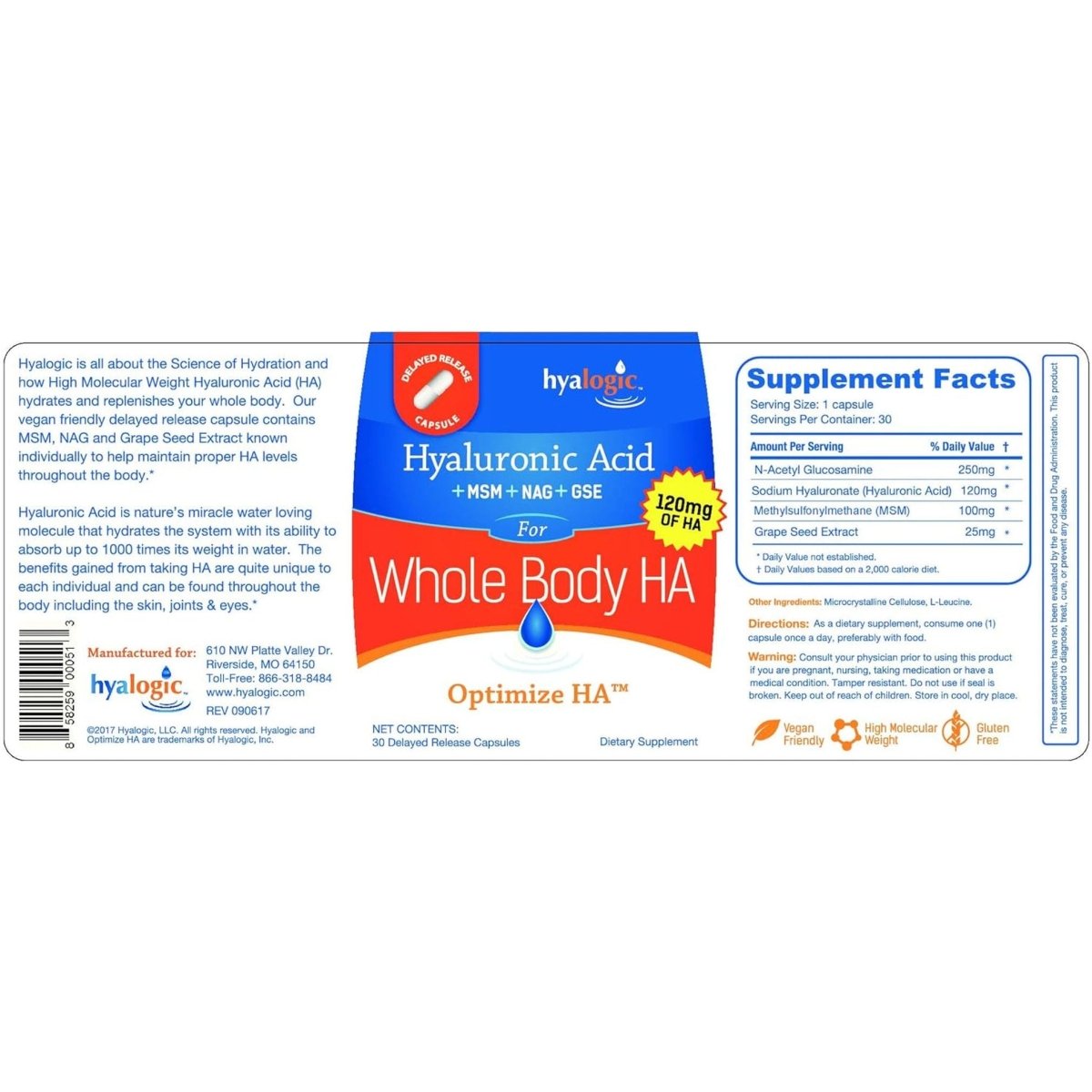 Hyalogic Hyaluronic Acid 120 Mg Delayed Release Capsules | Combo Formula W/Glucosamine MSM | (30 Count) - Suppviv