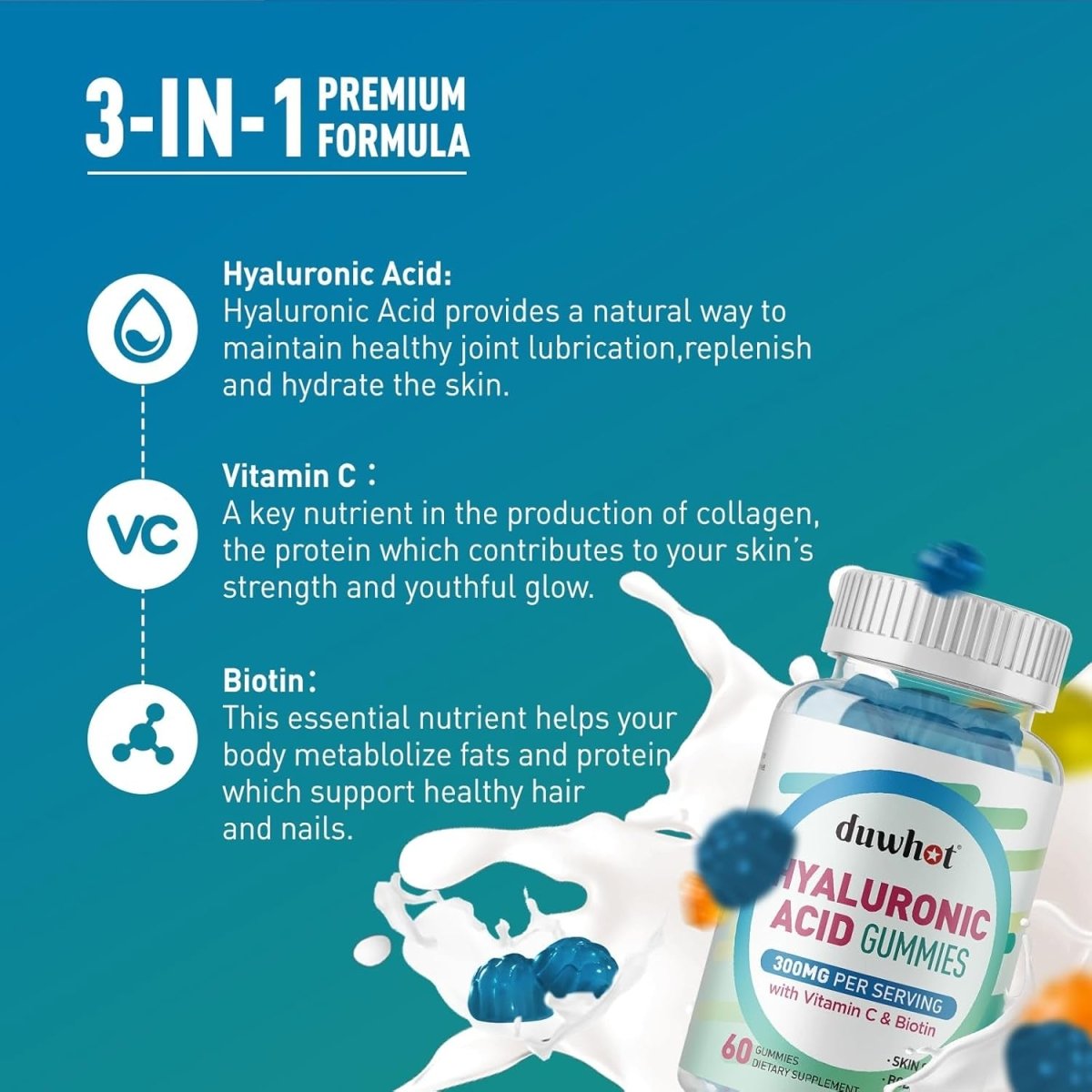 Hyaluronic Acid Gummies for Glowing Skin, Joints & Eyes,60 Chewables - Suppviv