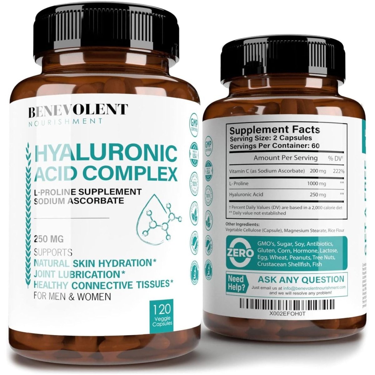 Hyaluronic Acid Supplements 250Mg with 200Mg Vitamin C, 1000Mg L - Proline & Anti - Aging Benefits,120 Capsules - Suppviv
