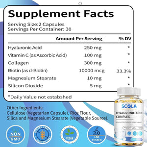 Hyaluronic Acid Supplements - Advanced Skin Hydration & Joint Support 250 Mg 60 Vegan Capsules.