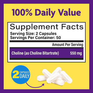 Innovixlabs Choline Supplement 550Mg Pure Choline Bitartrate for Brain Health, Focus, Memory, Cognitive Development, Fatty Liver and Mood Support, 100 Capsules - Suppviv