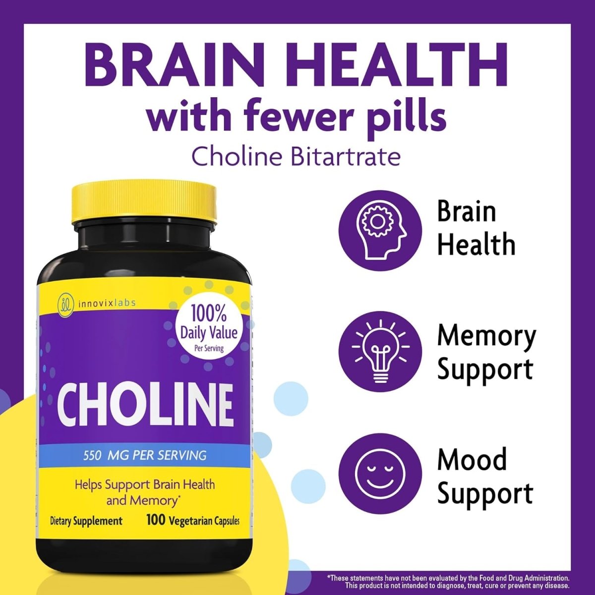 Innovixlabs Choline Supplement 550Mg Pure Choline Bitartrate for Brain Health, Focus, Memory, Cognitive Development, Fatty Liver and Mood Support, 100 Capsules - Suppviv