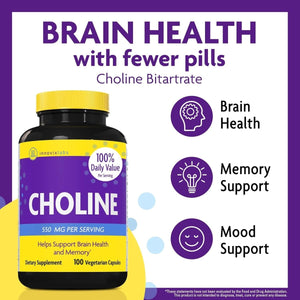 Innovixlabs Choline Supplement 550Mg Pure Choline Bitartrate for Brain Health, Focus, Memory, Cognitive Development, Fatty Liver and Mood Support, 100 Capsules - Suppviv