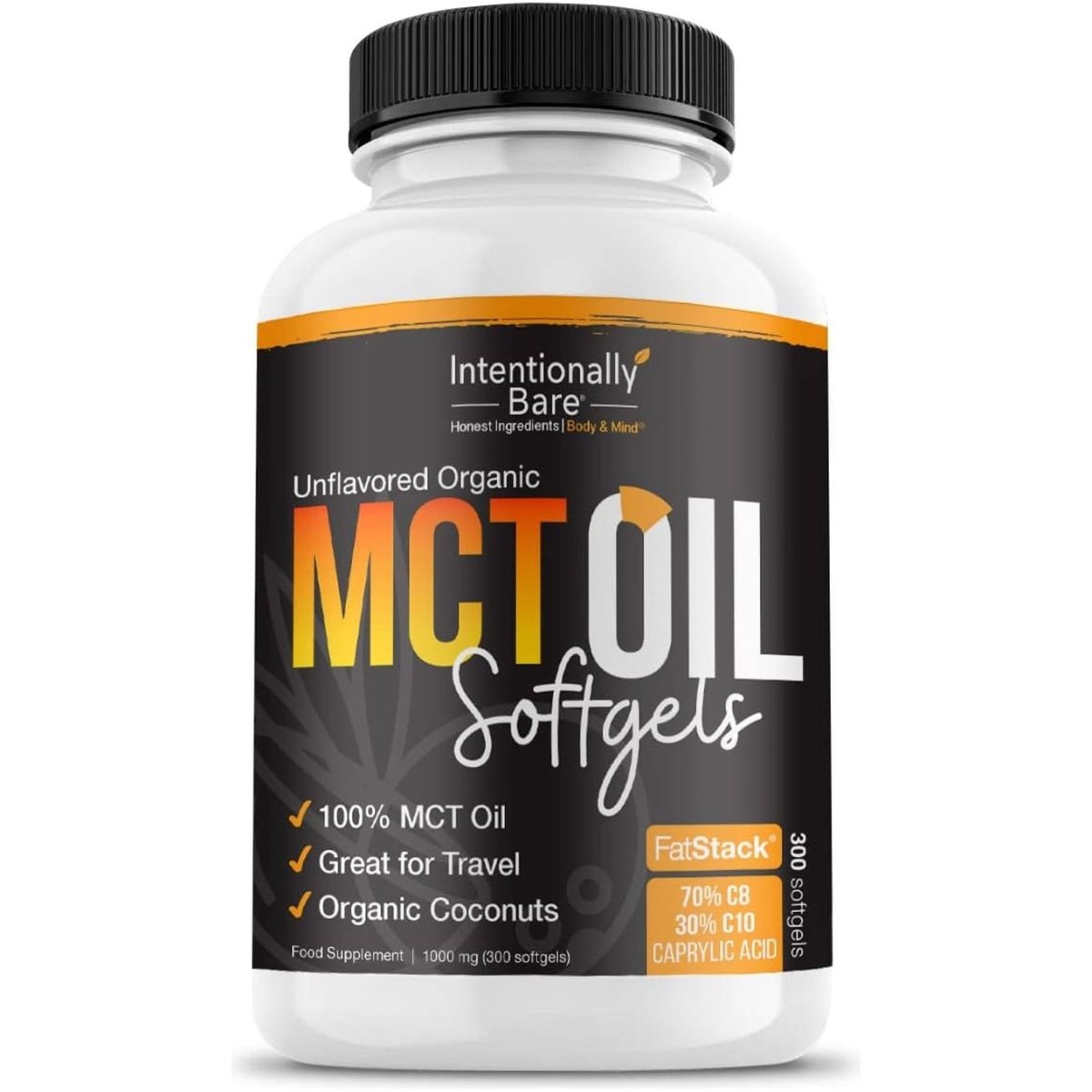 Intentionally Bare Organic MCT Oil Capsules - 70% C8 MCT Oil & 30% C10 MCT Capsules 300 Softgels - Suppviv