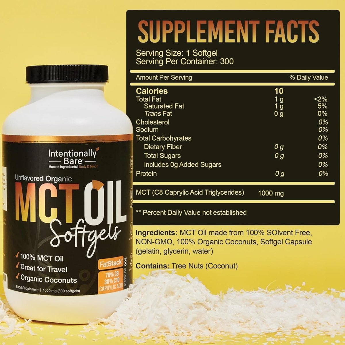 Intentionally Bare Organic MCT Oil Capsules - 70% C8 MCT Oil & 30% C10 MCT Capsules 300 Softgels - Suppviv
