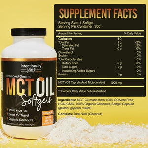 Intentionally Bare Organic MCT Oil Capsules - 70% C8 MCT Oil & 30% C10 MCT Capsules 300 Softgels - Suppviv