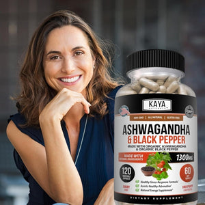 Kaya Naturals Organic Ashwagandha 1300Mg, 120 Count Capsules for Stress Relief - Suppviv