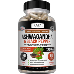 Kaya Naturals Organic Ashwagandha 1300Mg, 120 Count Capsules for Stress Relief - Suppviv