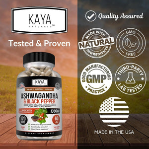 Kaya Naturals Organic Ashwagandha 1300Mg, 120 Count Capsules for Stress Relief - Suppviv