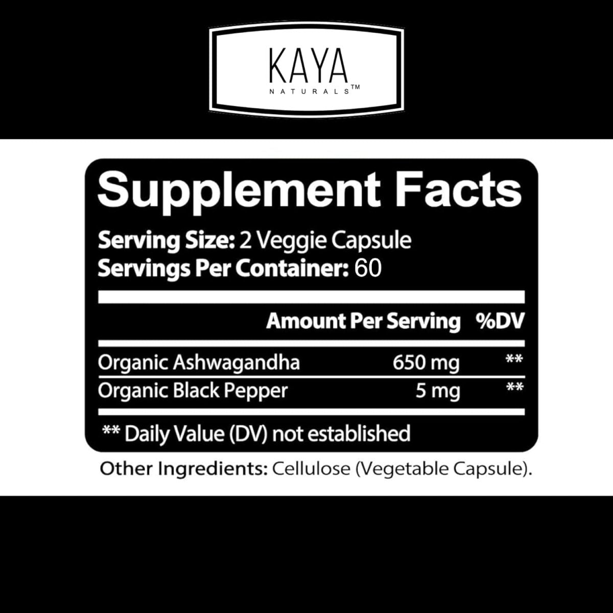 Kaya Naturals Organic Ashwagandha 1300Mg, 120 Count Capsules for Stress Relief - Suppviv