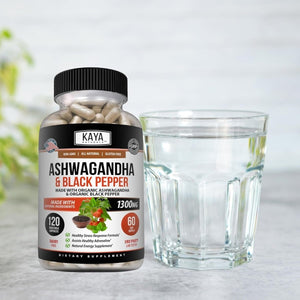 Kaya Naturals Organic Ashwagandha 1300Mg, 120 Count Capsules for Stress Relief - Suppviv