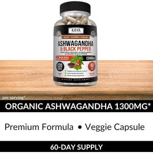 Kaya Naturals Organic Ashwagandha 1300Mg, 120 Count Capsules for Stress Relief - Suppviv