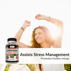 Kaya Naturals Organic Ashwagandha 1300Mg, 120 Count Capsules for Stress Relief - Suppviv
