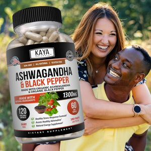 Kaya Naturals Organic Ashwagandha 1300Mg, 120 Count Capsules for Stress Relief - Suppviv
