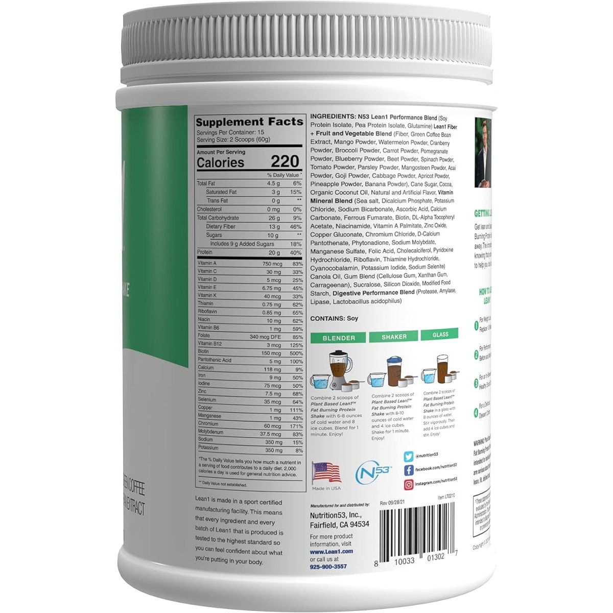 Lean1 Plant - Based Meal Replacement Protein Powder, Chocolate Flavor, 15 - Serving Tub - Suppviv