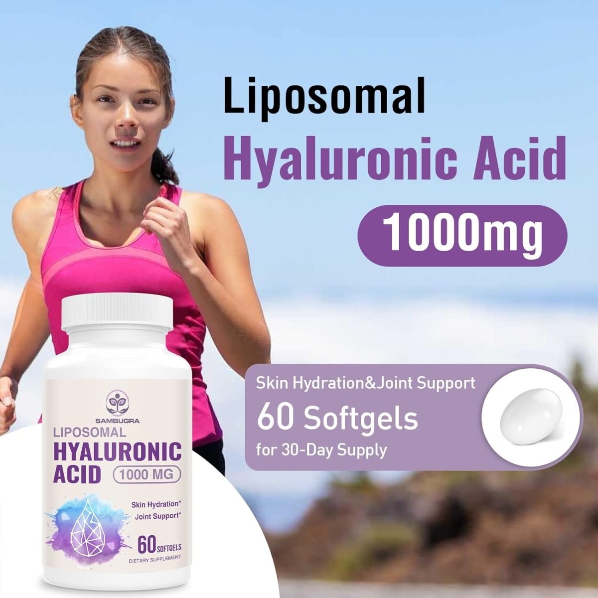 Liposomal Hyaluronic Acid Supplements, High Bioavailability Hyaluronic Acid Capsules, 1000Mg 60 Capsules - Suppviv