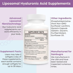 Liposomal Hyaluronic Acid Supplements, High Bioavailability Hyaluronic Acid Capsules, 1000Mg 60 Capsules - Suppviv