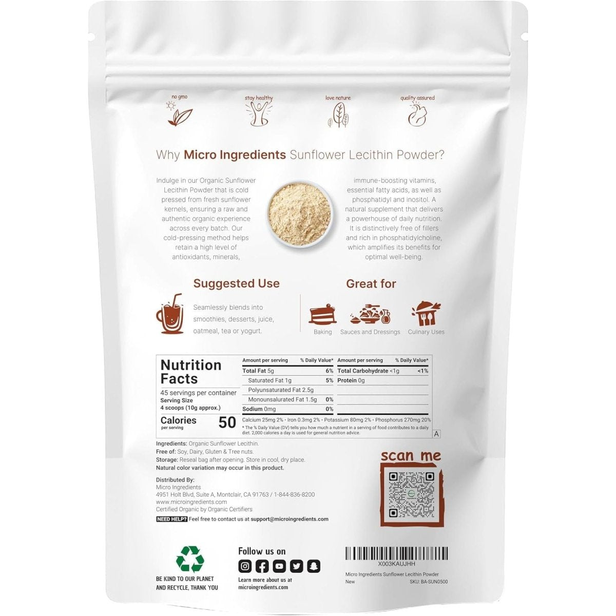 Micro Ingredients Organic Sunflower Lecithin Powder, 1 Pound - Suppviv