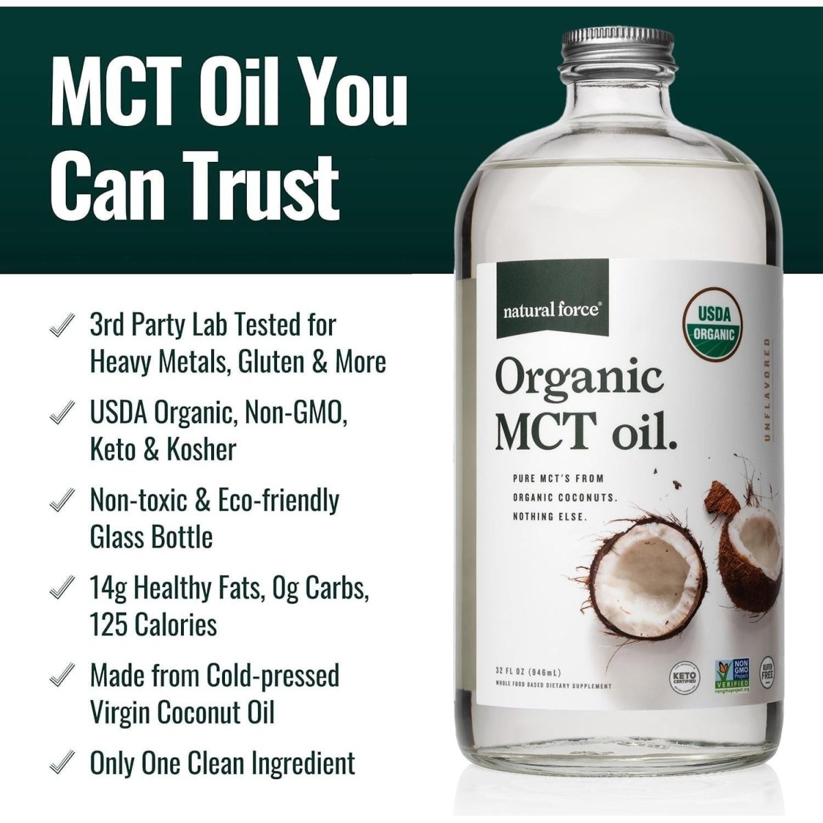 Natural Force Organic MCT Oil – Pure Glass Bottle – Made from 100% Cold Pressed Virgin Coconut Oil + Certified Keto 32 Ounce - Suppviv