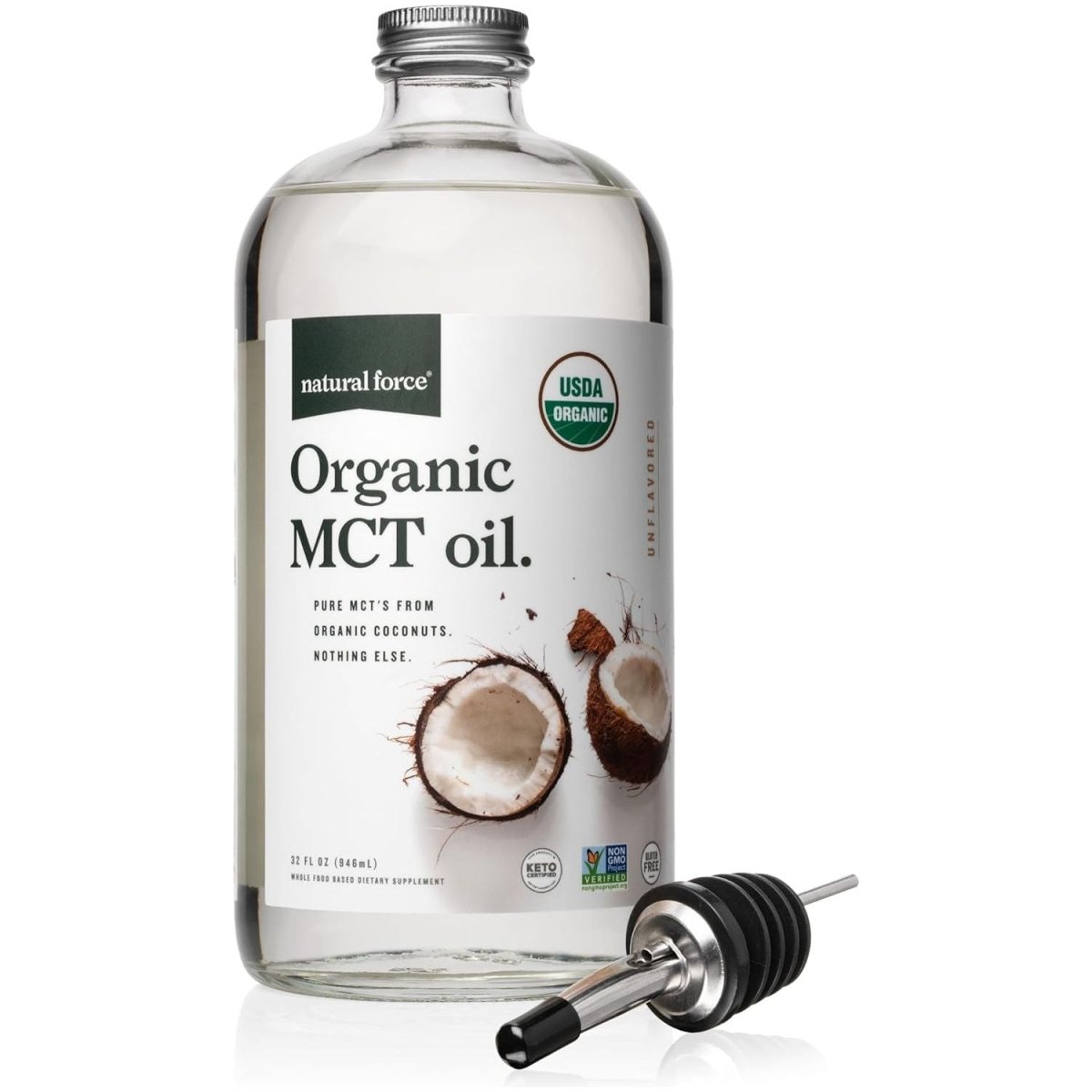 Natural Force Organic MCT Oil – Pure Glass Bottle – Made from 100% Cold Pressed Virgin Coconut Oil + Certified Keto 32 Ounce - Suppviv