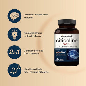 Naturebell Citicoline Supplements, CDP Choline, Citicoline 500Mg plus Tyrosine 50Mg per Serving 120 Capsules, 2 in 1 Formula.